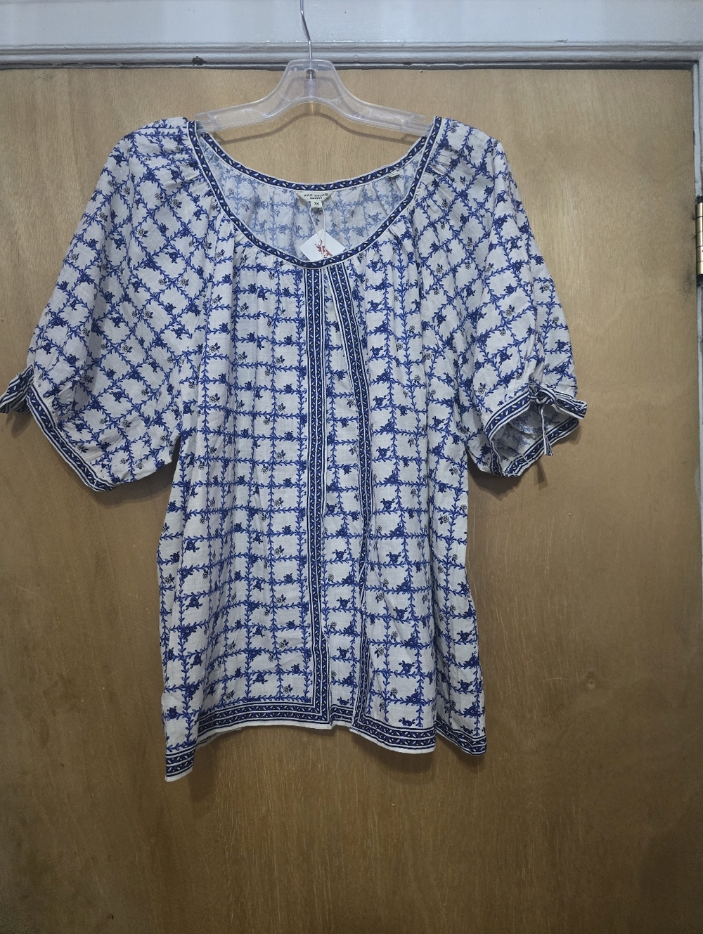 Max Studio Blue & White Printed Peasant Blouse